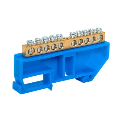 Шина нулевая N 6х9 10 отверстий синий изолятор на DIN-рейку латунь sn0-63-10-d-r