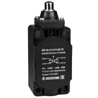 ВП 36-2110П-66 У2 (XCKS101H29), толкатель, 1з+1р, мгновенный, 30х60 мм, без сальника, 3А, IP66 (ЭТ)