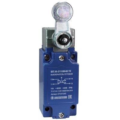 ВП 36-2116М-66 У2 (XCKJ10513H29),рычаг стальн.ролик,1з+1р,мгнов.,30х60мм,б/сальника,3А,IP66 (ЭТ)